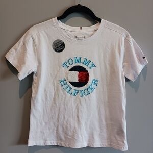 Tommy Hilfiger Sequin T-Shirt Girl's White Short Sleeve Cotton Size M-NWOT